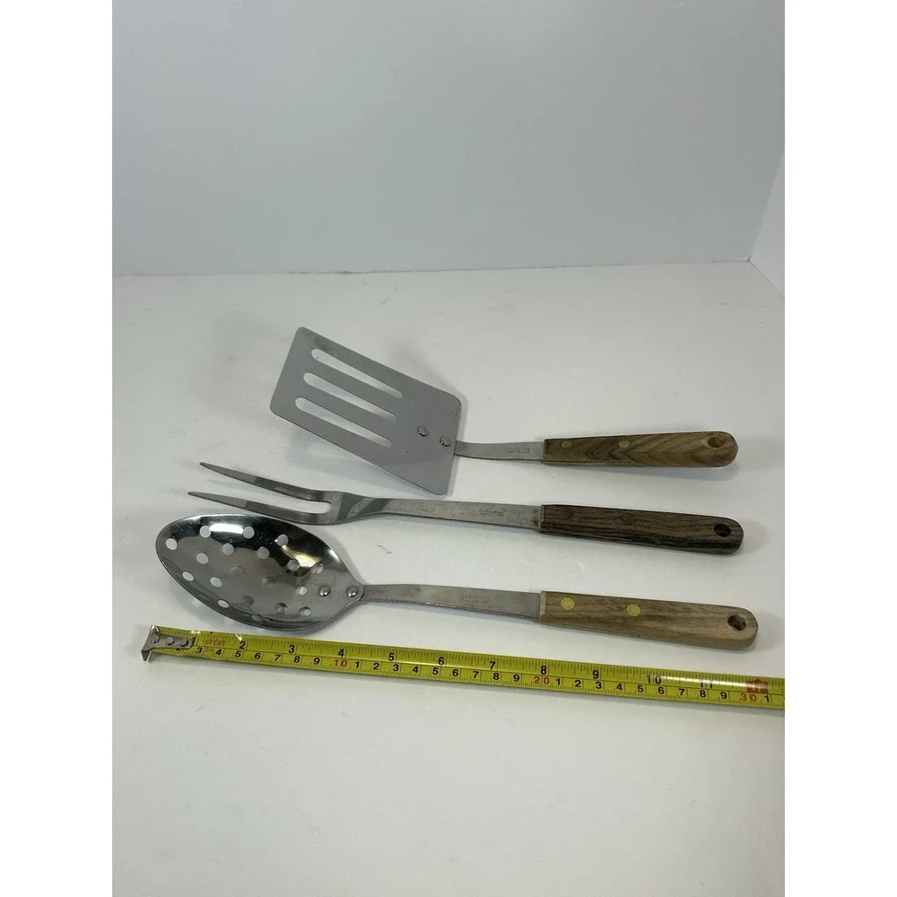 Robinson Knife Co Utensil Set Brown Wood Stainless Steel 3pc Vintage Made In USA